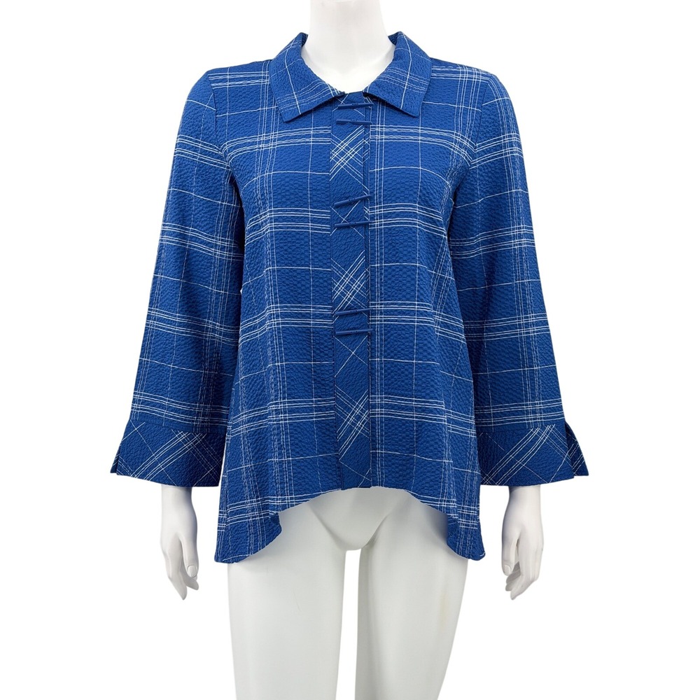 Habitat Top Womens XS‎ Blue Button Up Plaid Seersucker Stretch Artsy Lagenlook
